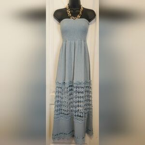 Justify Strapless Crochet-Panel Maxi Dress in Pale Blue Size Medium EUC